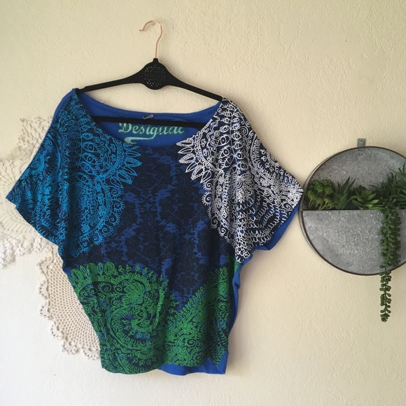 Desigual Tops - Desigual blue oversize batwing lace pattern top